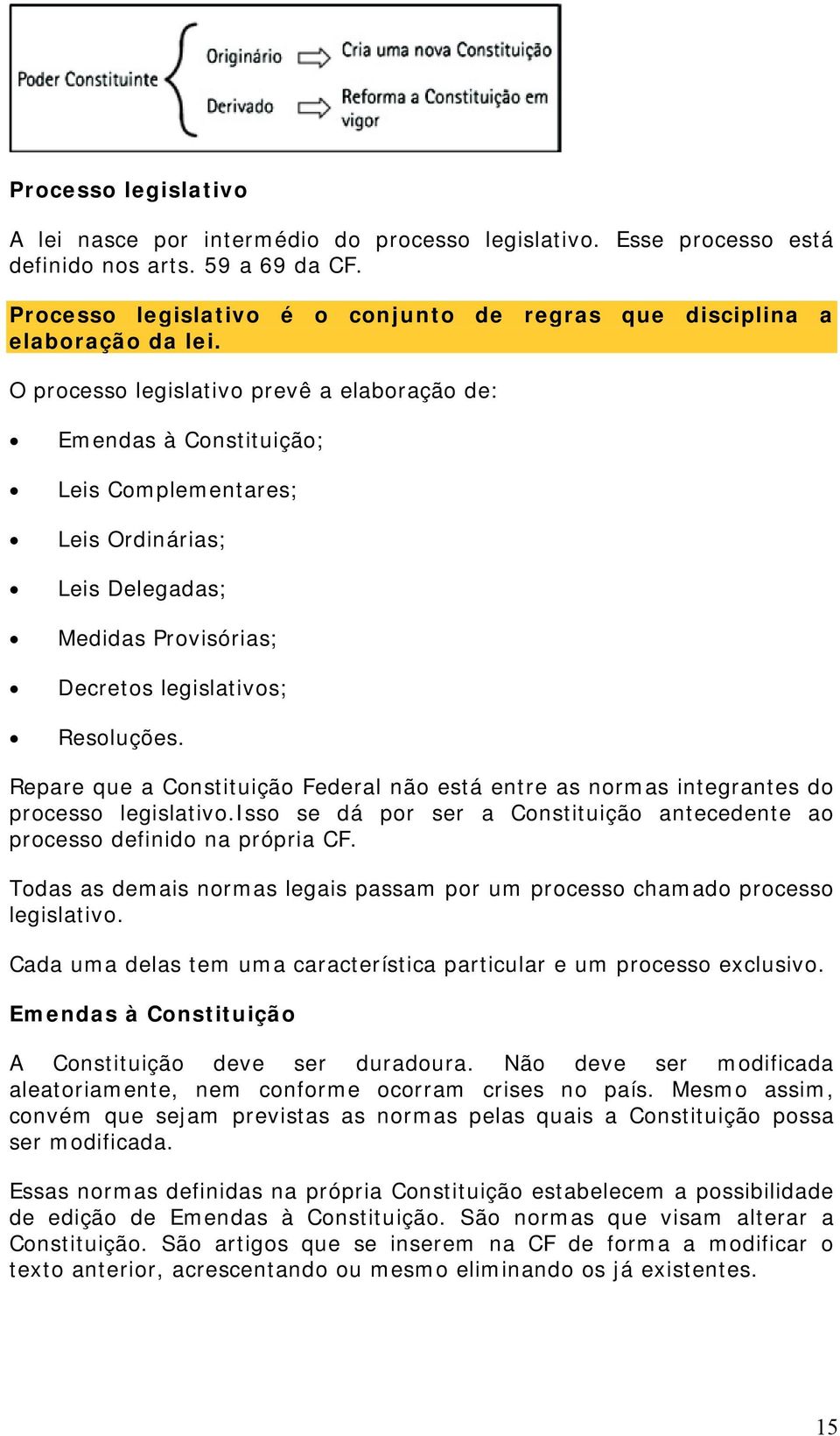 O processo legislativo prevê a elaboração de: Emendas à Constituição; Leis Complementares; Leis Ordinárias; Leis Delegadas; Medidas Provisórias; Decretos legislativos; Resoluções.