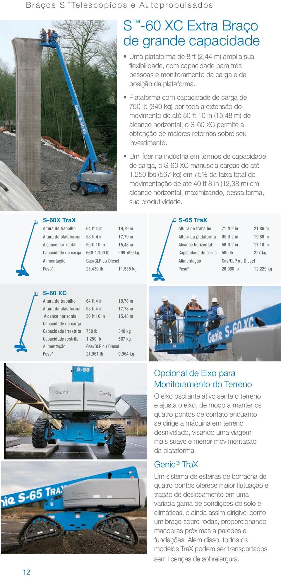 Plataforma com capacidade de carga de 750 lb (340 kg) por toda a extensão do movimento de até 50 ft 10 in (15,48 m) de alcance horizontal, o S-60 XC permite a obtenção de maiores retornos sobre seu