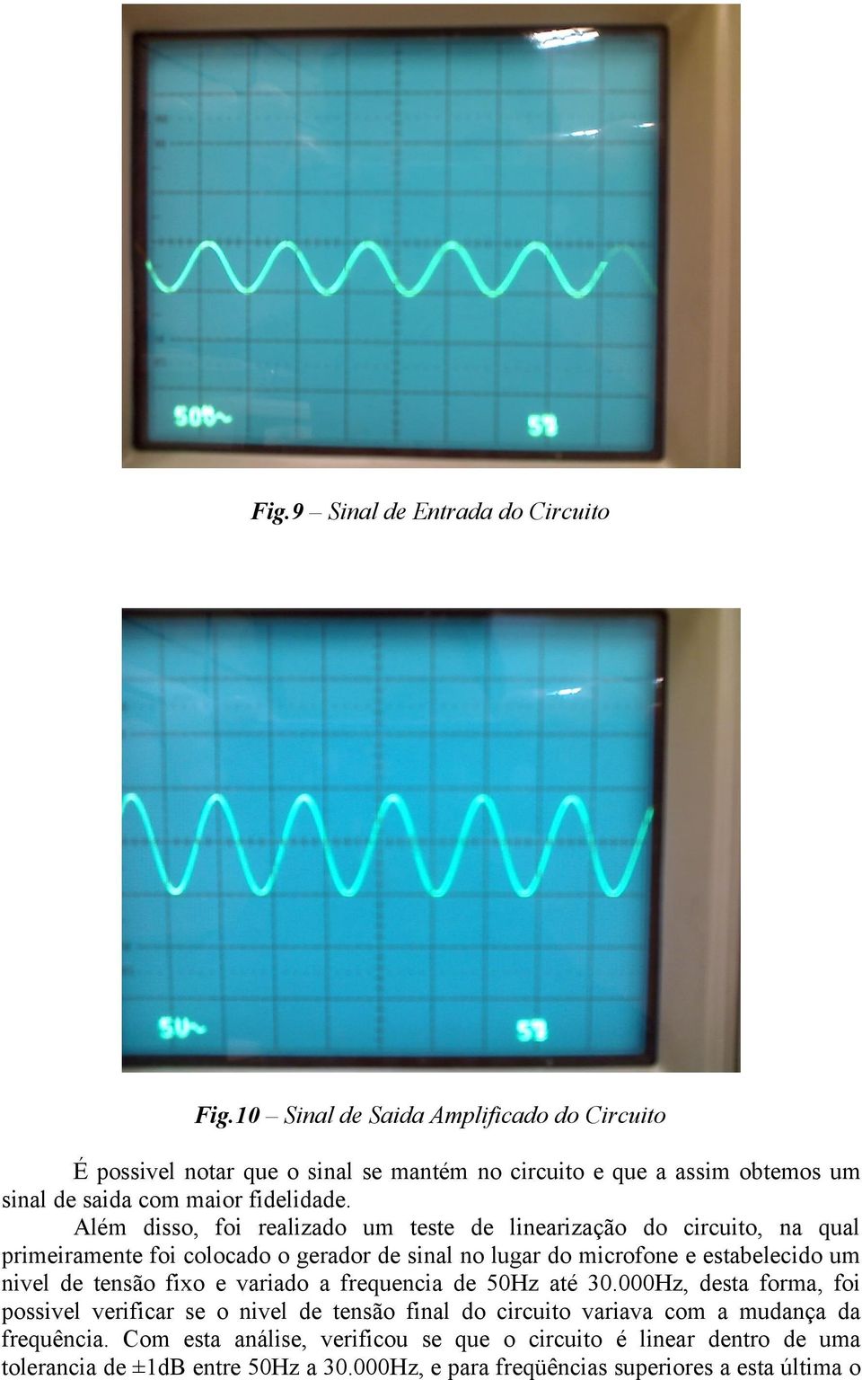 Além disso, foi realizado um teste de linearização do circuito, na qual primeiramente foi colocado o gerador de sinal no lugar do microfone e estabelecido um nivel de