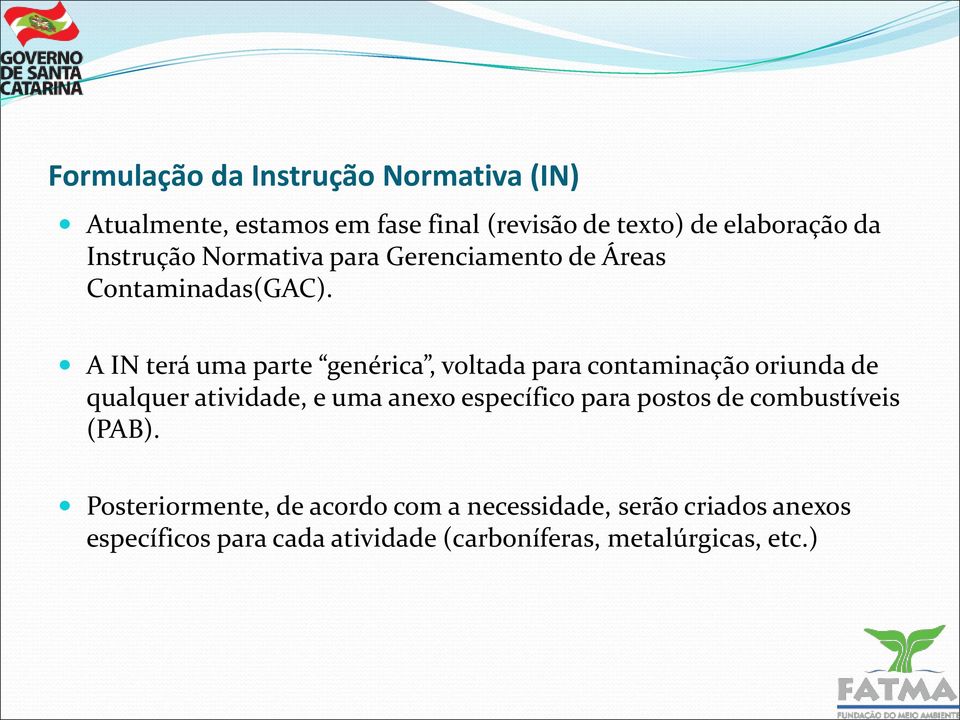 A IN terá uma parte genérica, voltada para contaminação oriunda de qualquer atividade, e uma anexo específico