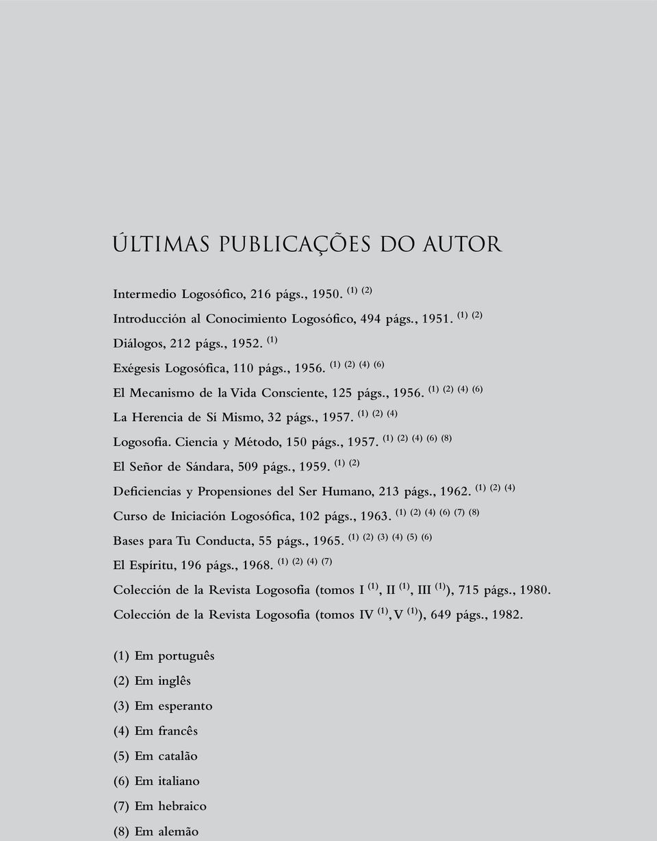 (1) (2) (4) (6) (8) Logosofía. Ciencia y Método, 150 págs., 1957. (1) (2) El Señor de Sándara, 509 págs., 1959. (1) (2) (4) Deficiencias y Propensiones del Ser Humano, 213 págs., 1962.