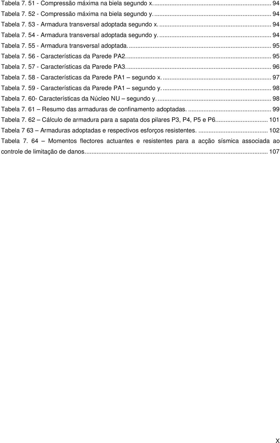 58 - Características da Parede PA1 segundo x.... 97 Tabela 7. 59 - Características da Parede PA1 segundo y.... 98 Tabela 7. 60- Características da Núcleo NU segundo y.... 98 Tabela 7. 61 Resumo das armaduras de confinamento adoptadas.