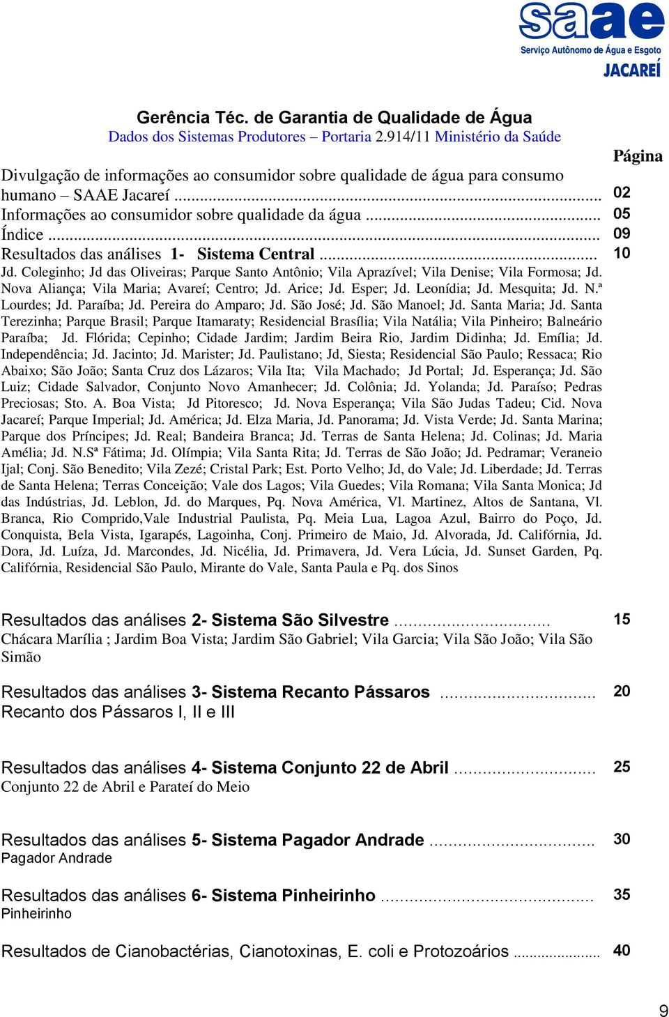 .. 09 Resultados das análises 1- Sistema Central... 10 Jd. Coleginho; Jd das Oliveiras; Parque Santo Antônio; Vila Aprazível; Vila Denise; Vila Formosa; Jd.