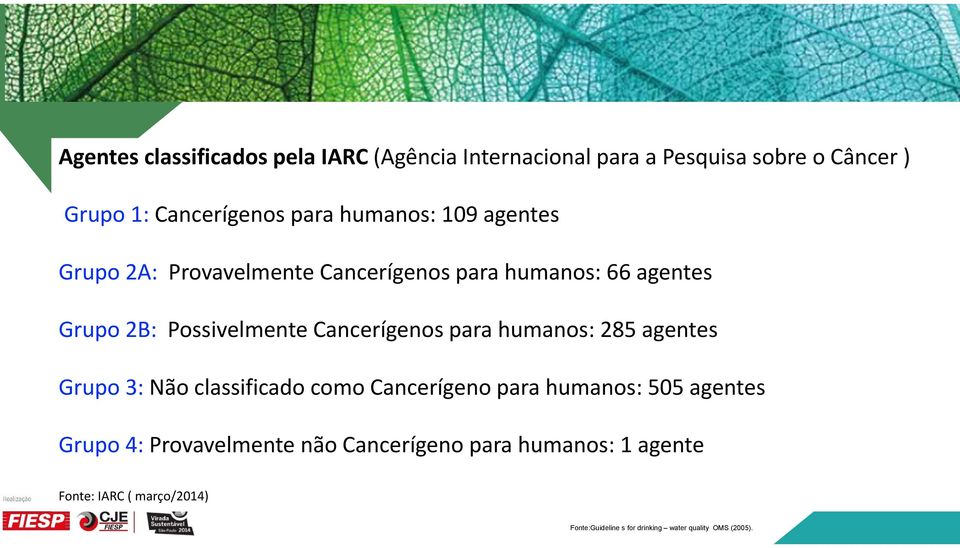 Cancerígenos para humanos: 285 agentes Grupo 3: Não classificado como Cancerígeno para humanos: 505 agentes Grupo 4:
