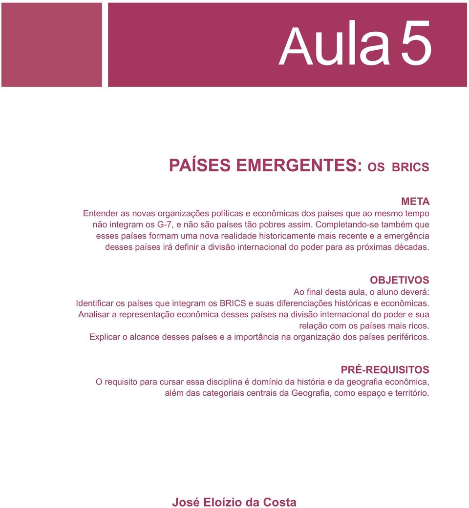 OBJETIVOS Ao final desta aula, o aluno deverá: Identifi car os países que integram os BRICS e suas diferenciações históricas e econômicas.