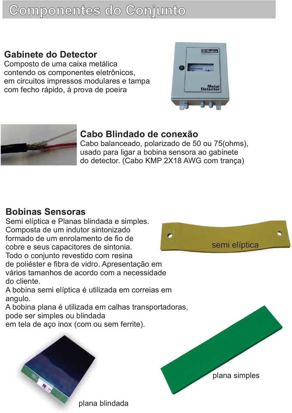 (Cabo KMP 2X18 AWG com trança) Bobinas Sensoras Semi elíptica e Planas blindada e simples. Composta de um indutor sintonizado formado de um enrolamento de fio de cobre e seus capacitores de sintonia.