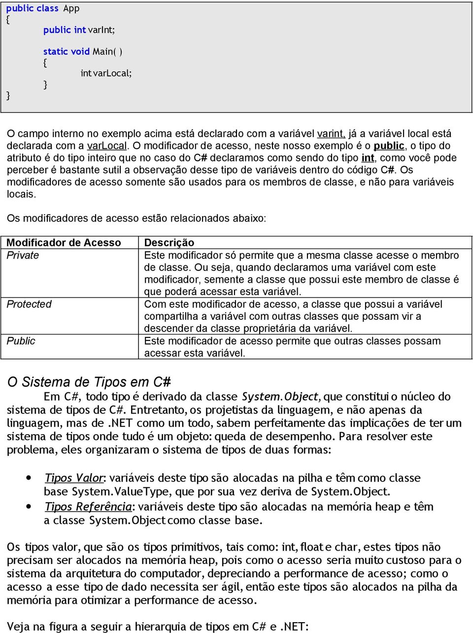 observação desse tipo de variáveis dentro do código C#. Os modificadores de acesso somente são usados para os membros de classe, e não para variáveis locais.