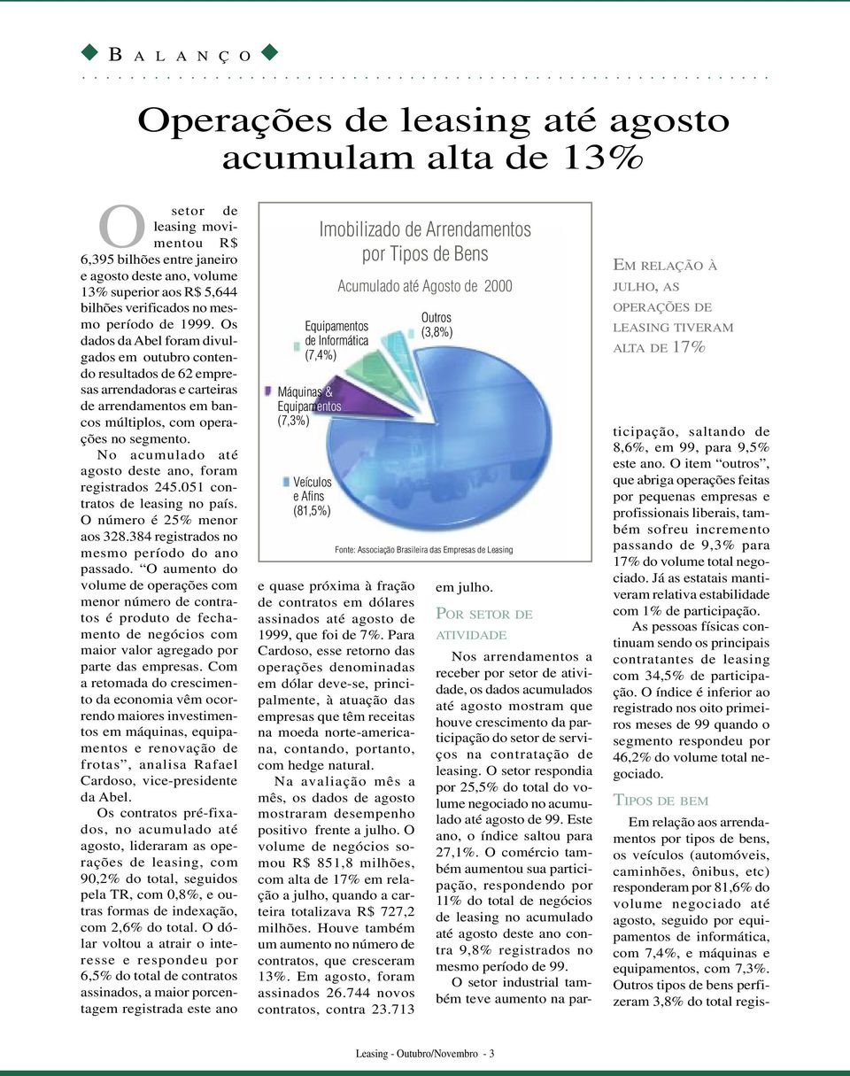 Os dados da Abel foram divulgados em outubro contendo resultados de 62 empresas arrendadoras e carteiras de arrendamentos em bancos múltiplos, com operações no segmento.