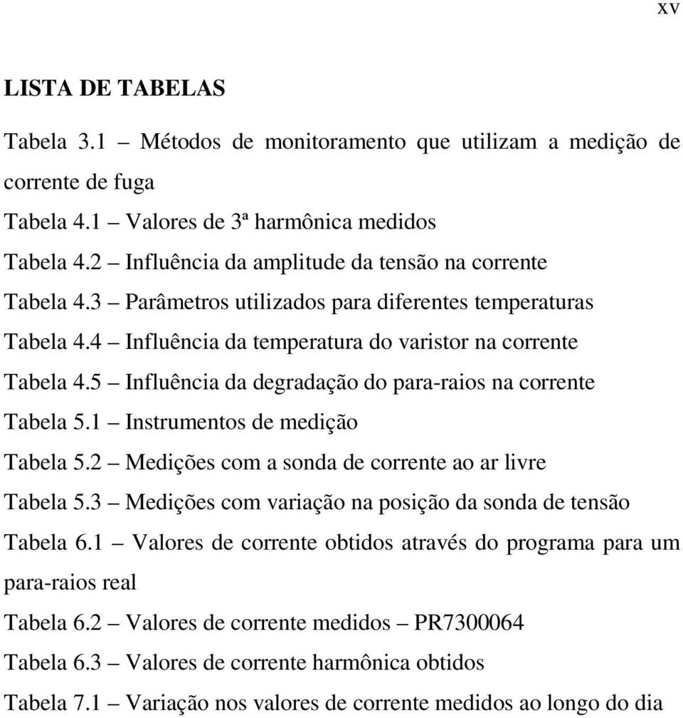 5 Influência da degradação do para-raios na corrente Tabela 5.1 Instrumentos de medição Tabela 5.2 Medições com a sonda de corrente ao ar livre Tabela 5.