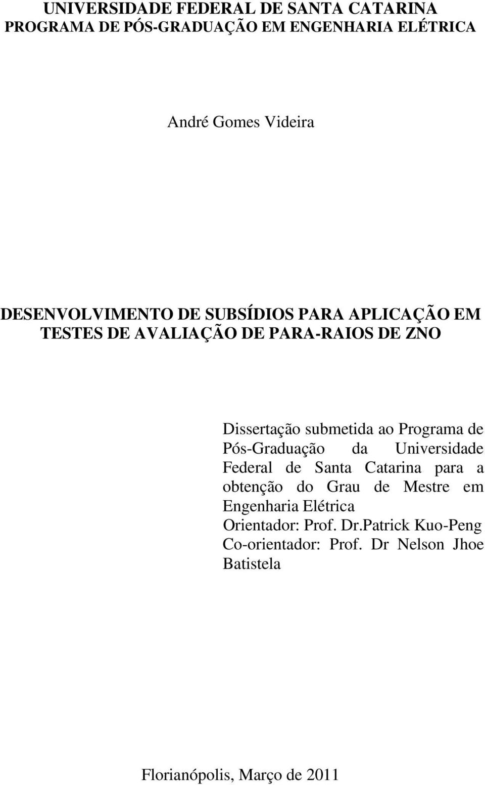 Programa de Pós-Graduação da Universidade Federal de Santa Catarina para a obtenção do Grau de Mestre em