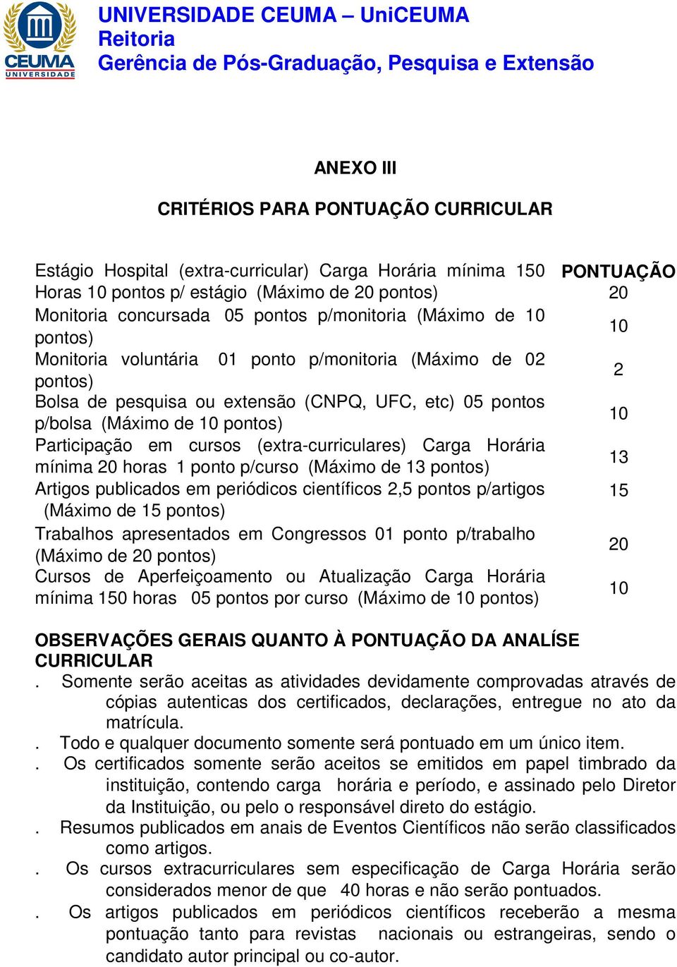 (extra-curriculares) Carga Horária mínima 20 horas 1 ponto p/curso (Máximo de 13 pontos) Artigos publicados em periódicos científicos 2,5 pontos p/artigos (Máximo de 15 pontos) Trabalhos apresentados