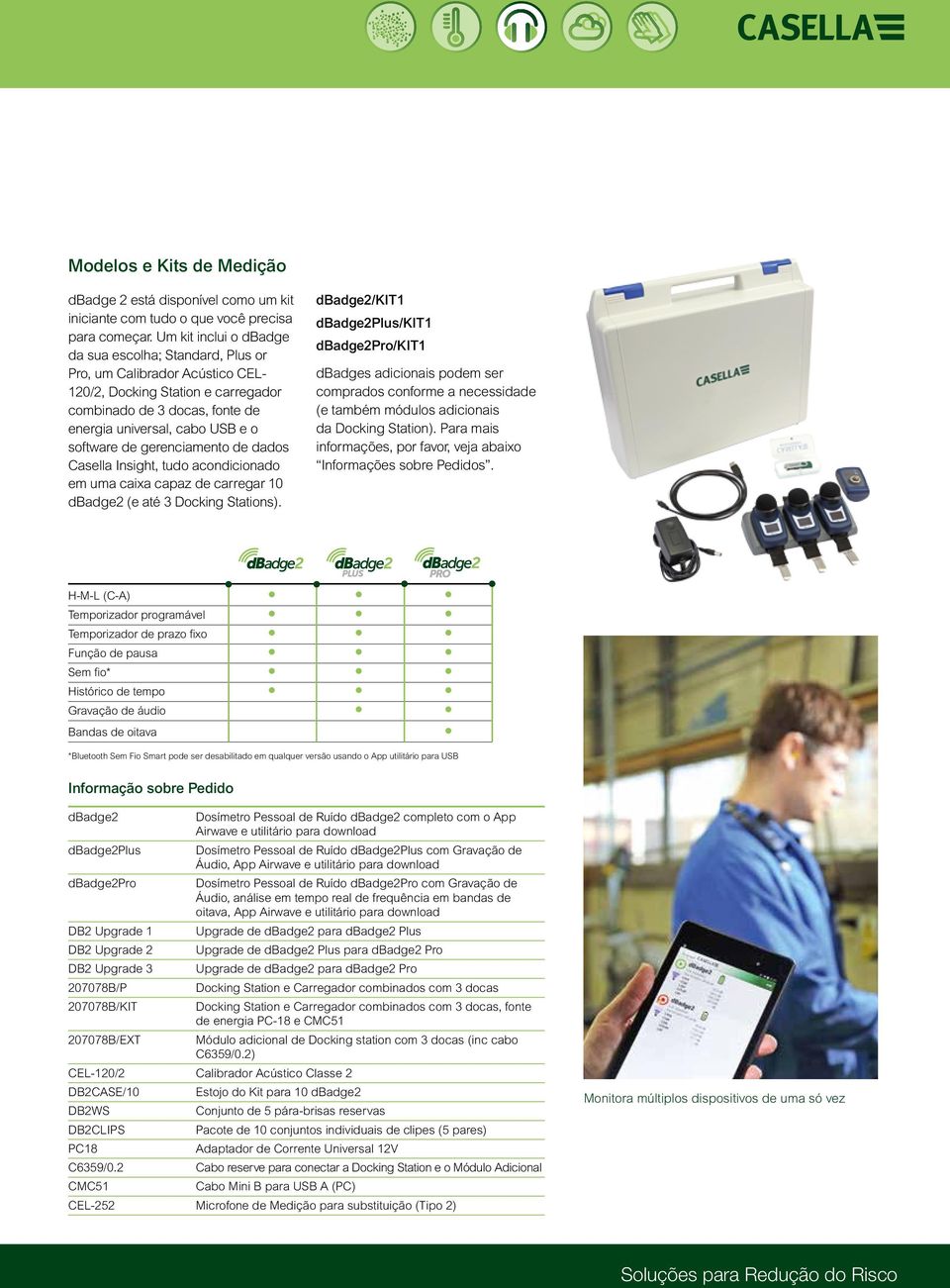 de gerenciamento de dados Casella Insight, tudo acondicionado em uma caixa capaz de carregar 10 dbadge2 (e até 3 Docking Stations).