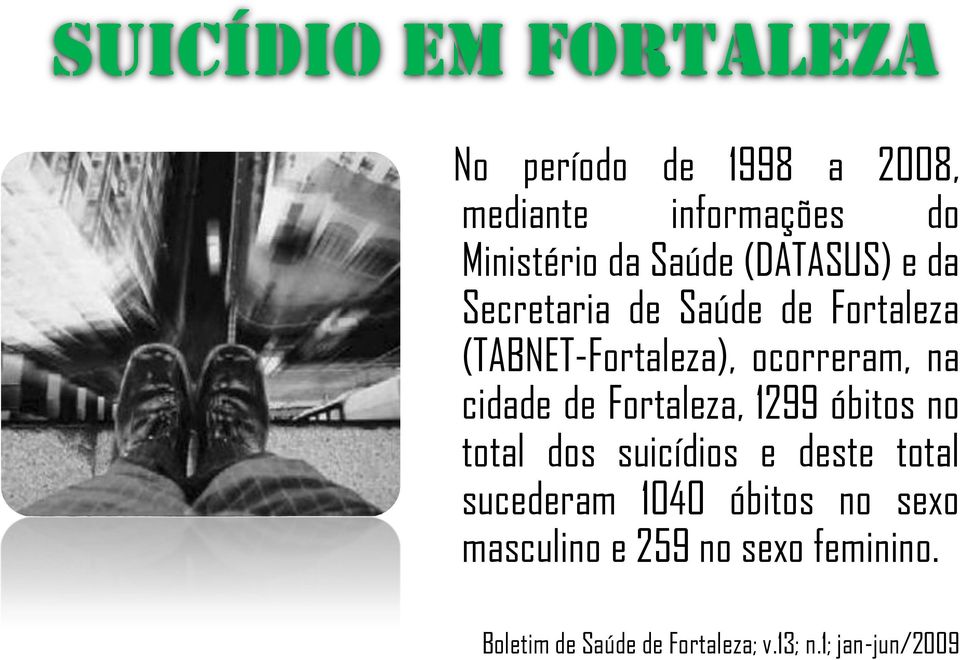 cidade de Fortaleza, 1299 óbitos no total dos suicídios e deste total sucederam 1040