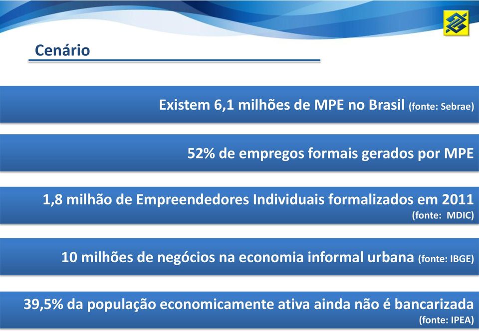 em 2011 (fonte: MDIC) 10 milhões de negócios na economia informal urbana