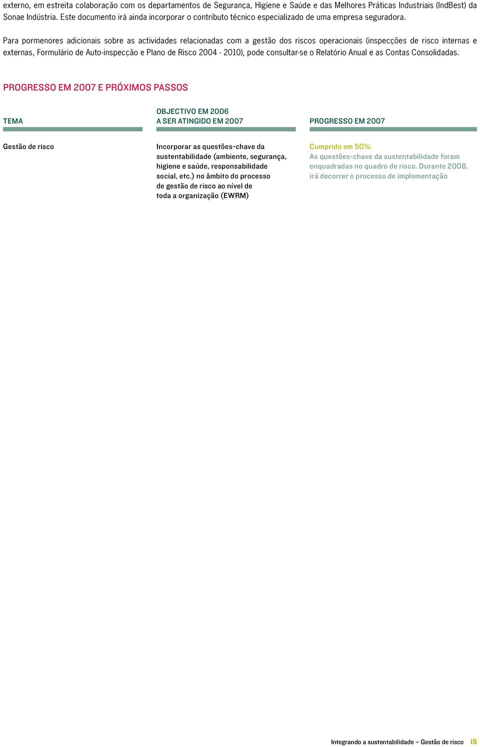 Para pormenores adicionais sobre as actividades relacionadas com a gestão dos riscos operacionais (inspecções de risco internas e externas, Formulário de Auto-inspecção e Plano de Risco 2004-2010),