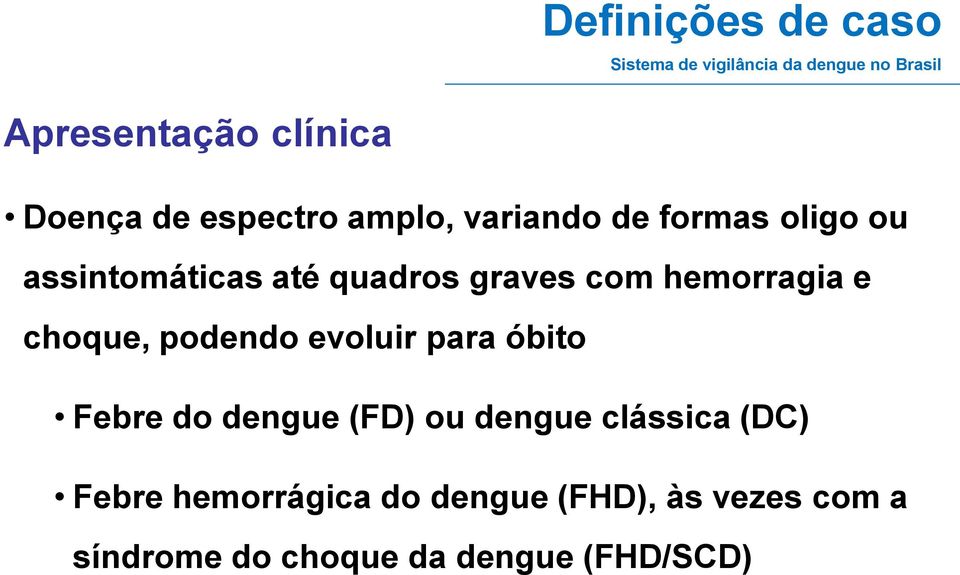 hemorragia e choque, podendo evoluir para óbito Febre do dengue (FD) ou dengue clássica