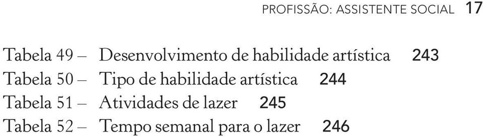 50 tipo de habilidade artística 244 Tabela 51