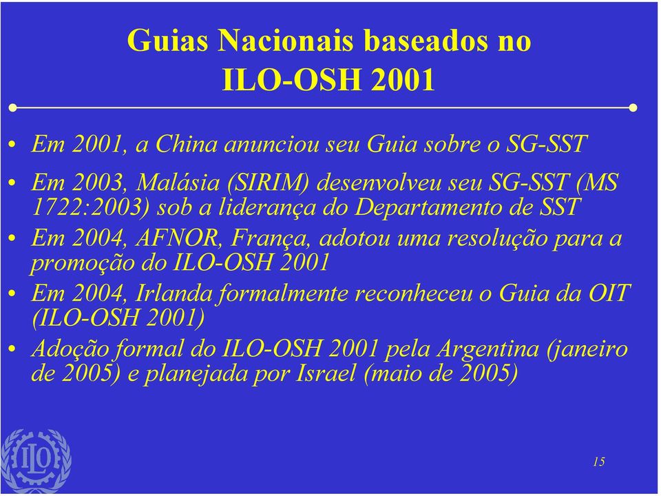 adotou uma resolução para a promoção do ILO-OSH 2001 Em 2004, Irlanda formalmente reconheceu o Guia da OIT