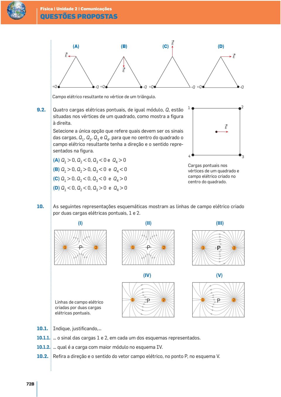 Selecione a única opção que refere quais devem ser os sinais das cargas, Q, Q 2, Q 3 e Q 4, para que no centro do quadrado o campo elétrico resultante tenha a direção e o sentido representados na