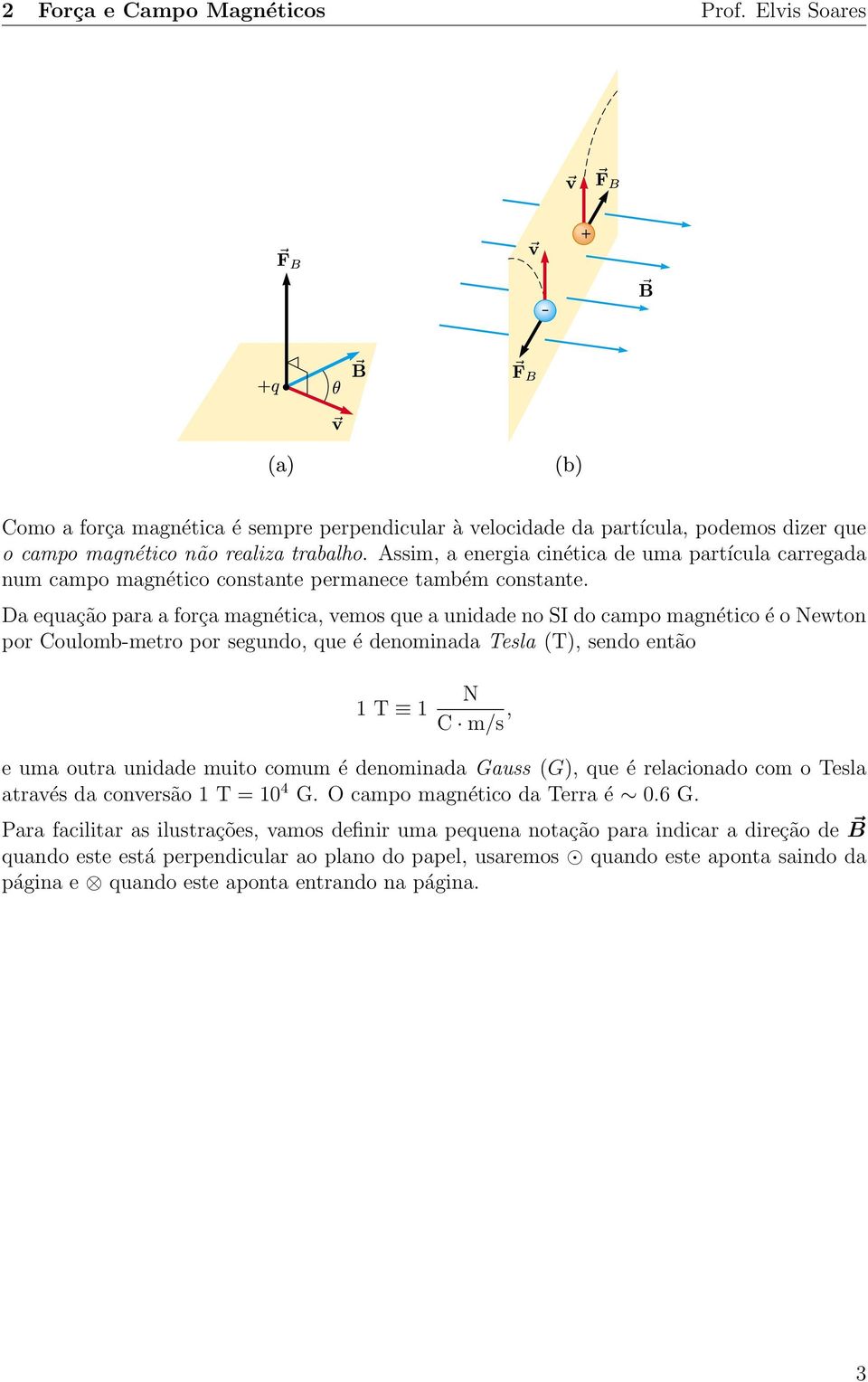 Da equação para a força magnética, vemos que a unidade no SI do campo magnético é o Newton por Coulomb-metro por segundo, que é denominada Tesla (T), sendo então 1 T 1 N C m/s, e uma outra unidade