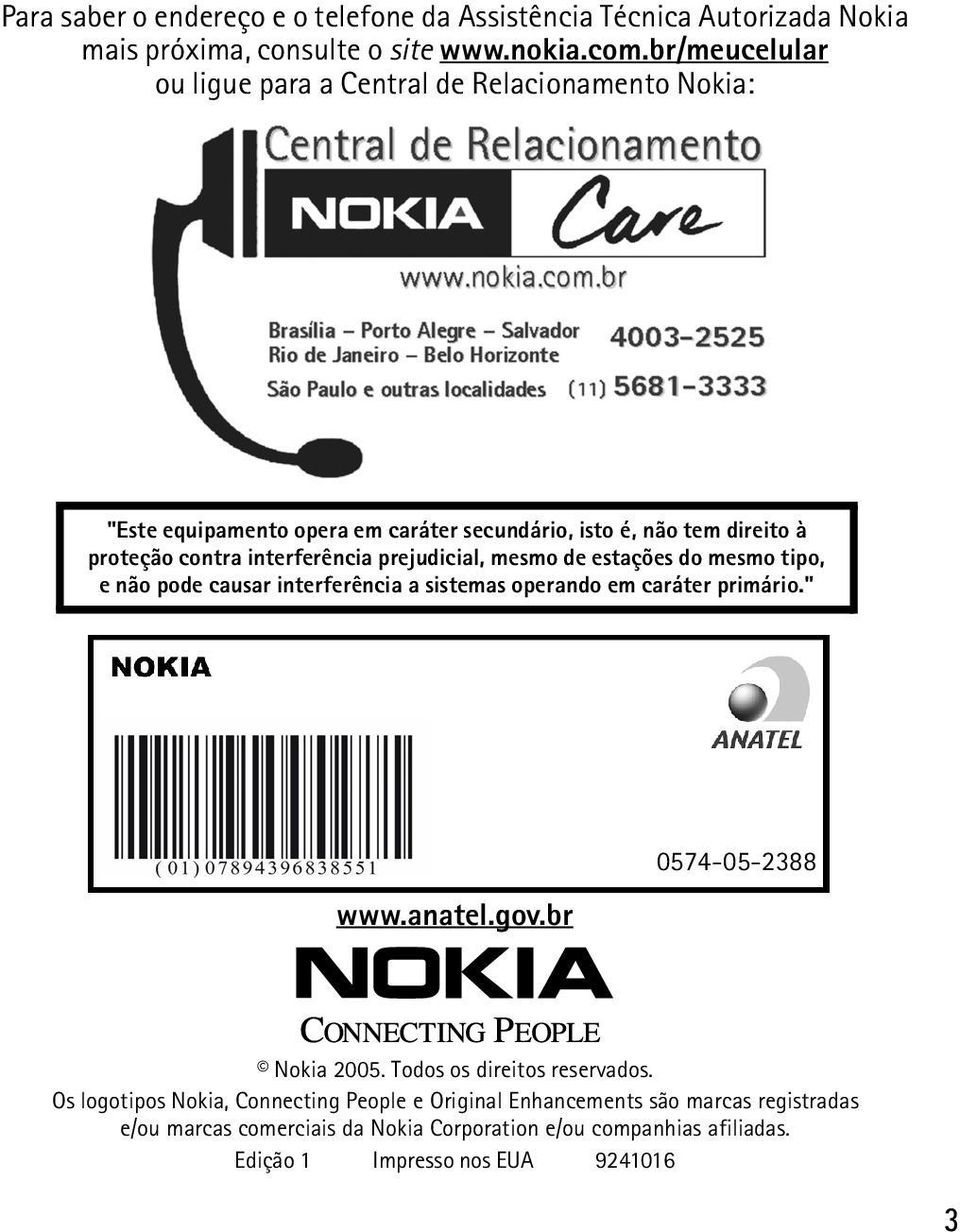 prejudicial, mesmo de estações do mesmo tipo, e não pode causar interferência a sistemas operando em caráter primário." www.anatel.gov.br 0574-05-2388 Nokia 2005.