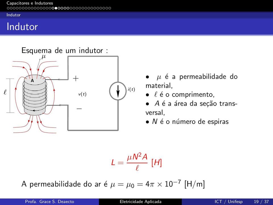 transversal, N é o número de espiras L = µn2 A l [H] A permeabilidade do