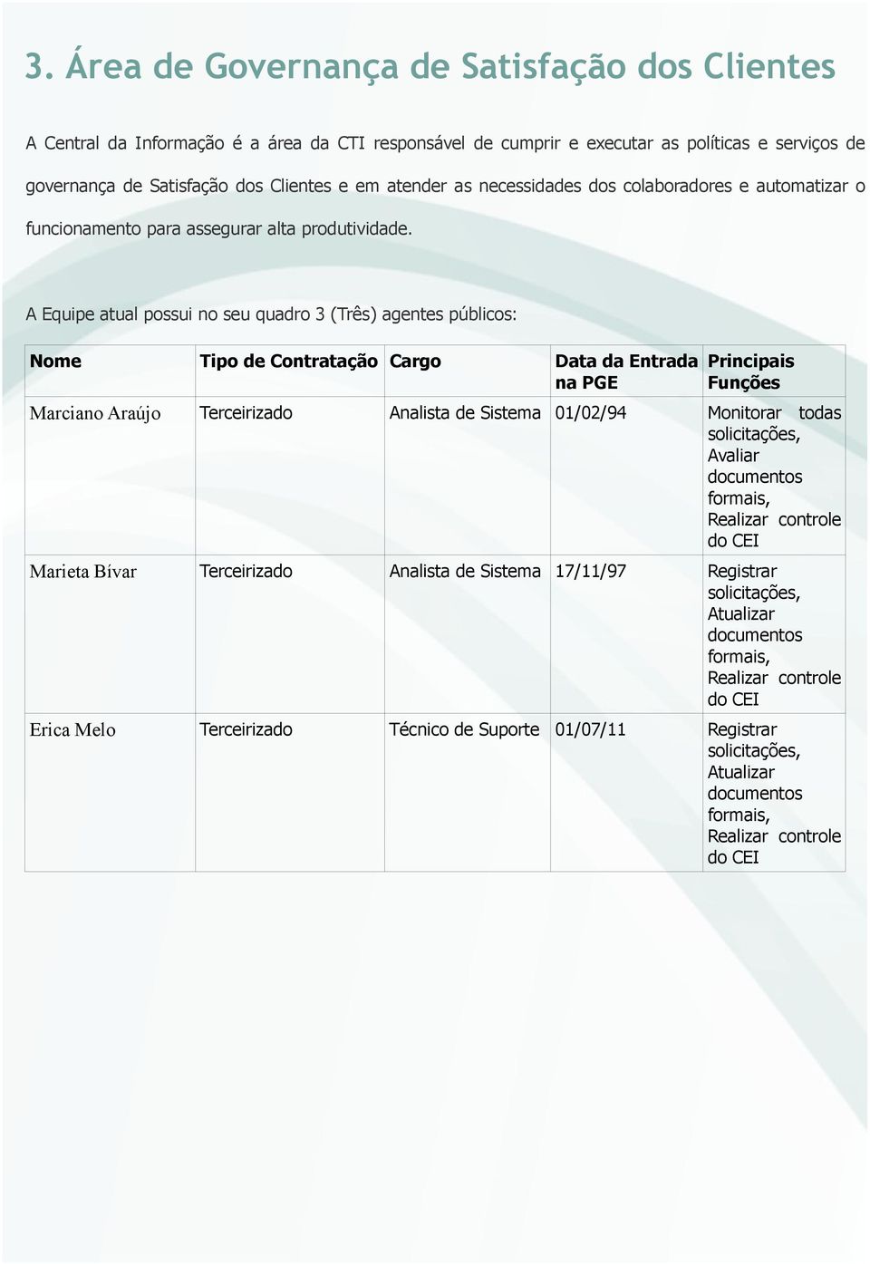 A Equipe atual possui no seu quadro 3 (Três) agentes públicos: Nome Tipo de Contratação Cargo Data da Entrada na PGE Principais Funções Marciano Araújo Terceirizado Analista de Sistema 1/2/94