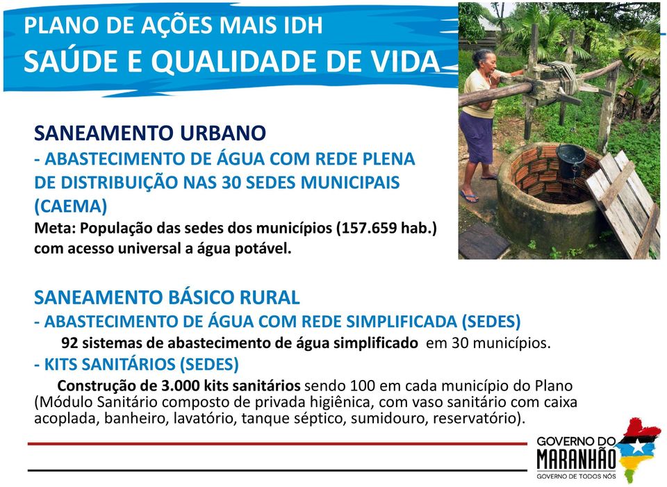 SANEAMENTO BÁSICO RURAL - ABASTECIMENTO DE ÁGUA COM REDE SIMPLIFICADA (SEDES) 92 sistemas de abastecimento de água simplificado em 30 municípios.