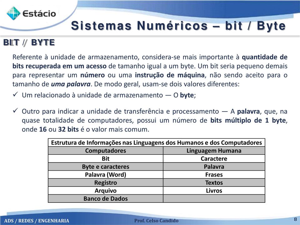 De modo geral, usam-se dois valores diferentes: Um relacionado à unidade de armazenamento O byte; Outro para indicar a unidade de transferência e processamento A palavra, que, na quase totalidade