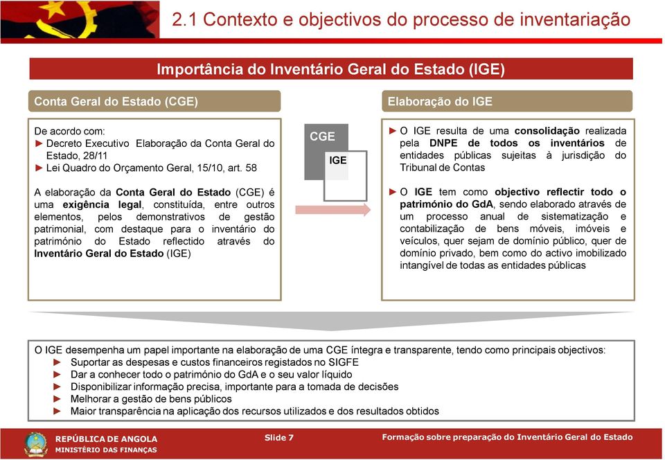 58 Aelaboração da ContaGeraldo Estado (CGE) é uma exigência legal, constituída, entre outros elementos, pelos demonstrativos de gestão patrimonial, com destaque para o inventário do património do