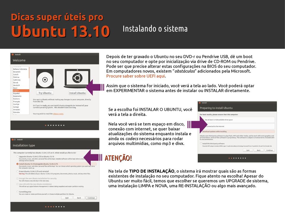 Assim que o sistema for iniciado, você verá a tela ao lado. Você poderá optar em EXPERIMENTAR o sistema antes de instalar ou INSTALAR diretamente.