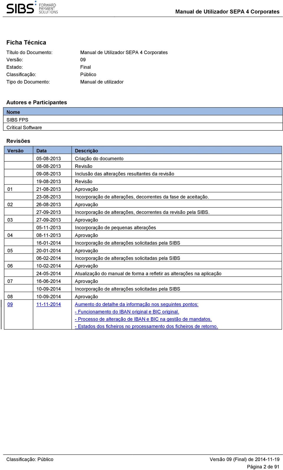 Aprovação 23-08-2013 Incorporação de alterações, decorrentes da fase de aceitação. 02 26-08-2013 Aprovação 27-09-2013 Incorporação de alterações, decorrentes da revisão pela SIBS.