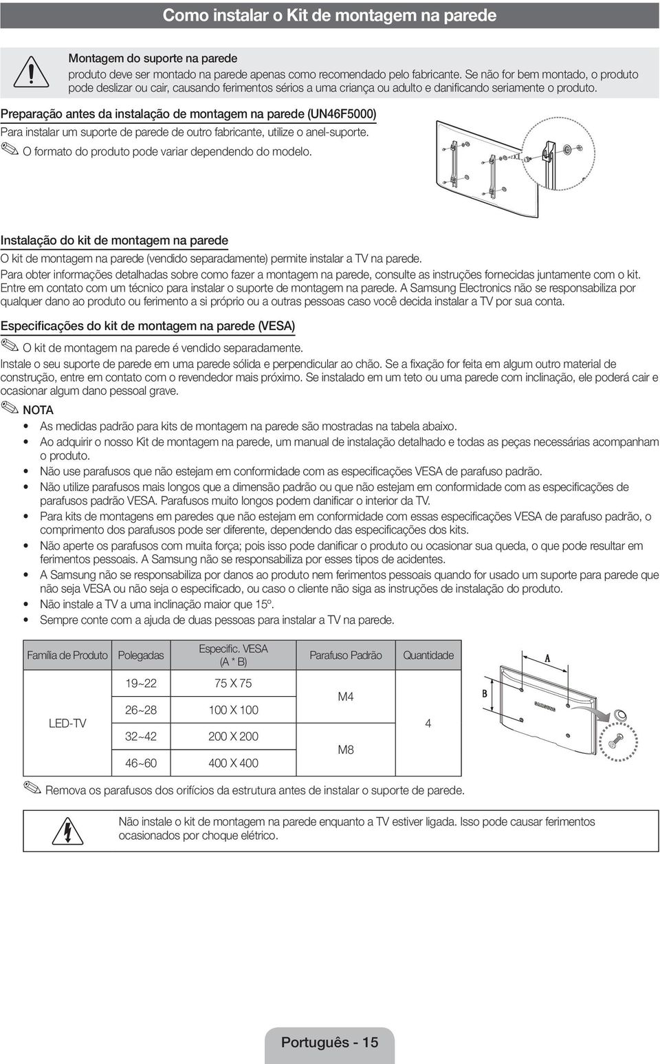 Preparação antes da instalação de montagem na parede (UN46F5000) Para instalar um suporte de parede de outro fabricante, utilize o anel-suporte. O formato do produto pode variar dependendo do modelo.