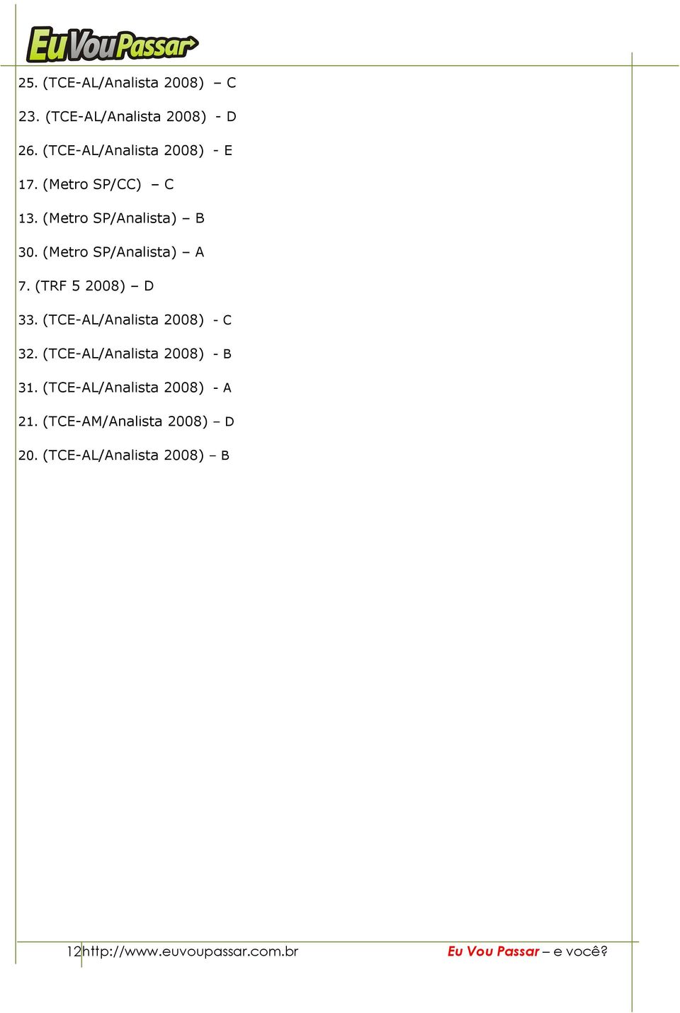 (Metro SP/Analista) A 7. (TRF 5 2008) D 33. (TCE-AL/Analista 2008) - C 32.