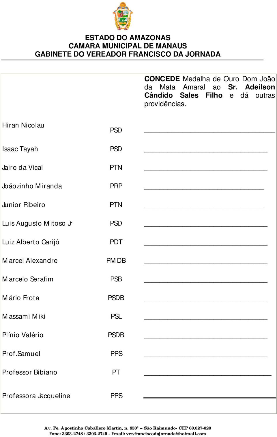 Hiran Nicolau PSD Isaac Tayah PSD Jairo da Vical PTN Joãozinho Miranda PRP Junior Ribeiro PTN Luis