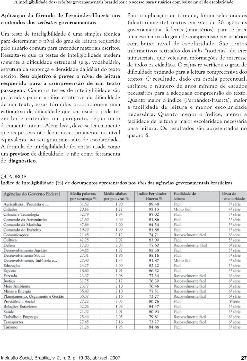 Ressalta-se que os testes de inteligibilidade medem somente a dificuldade estrutural (e.g., vocabulário, estrutura da sentença e densidade da idéia) do texto escrito.