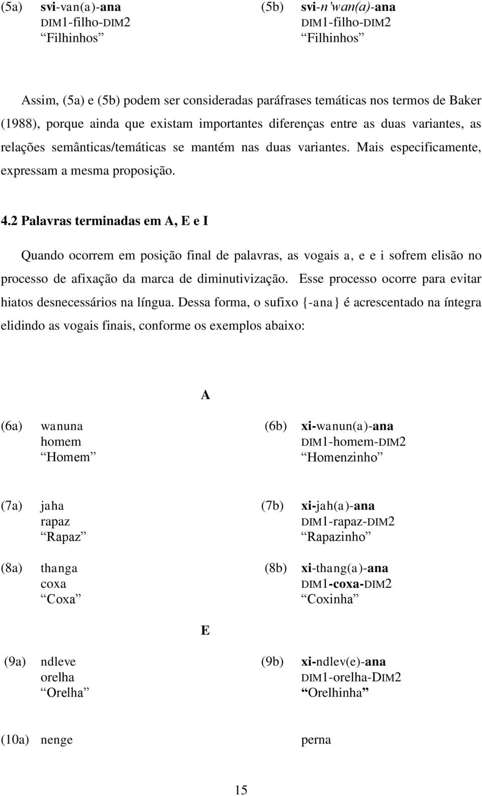 2 Palavras terminadas em A, E e I Quando ocorrem em posição final de palavras, as vogais a, e e i sofrem elisão no processo de afixação da marca de diminutivização.