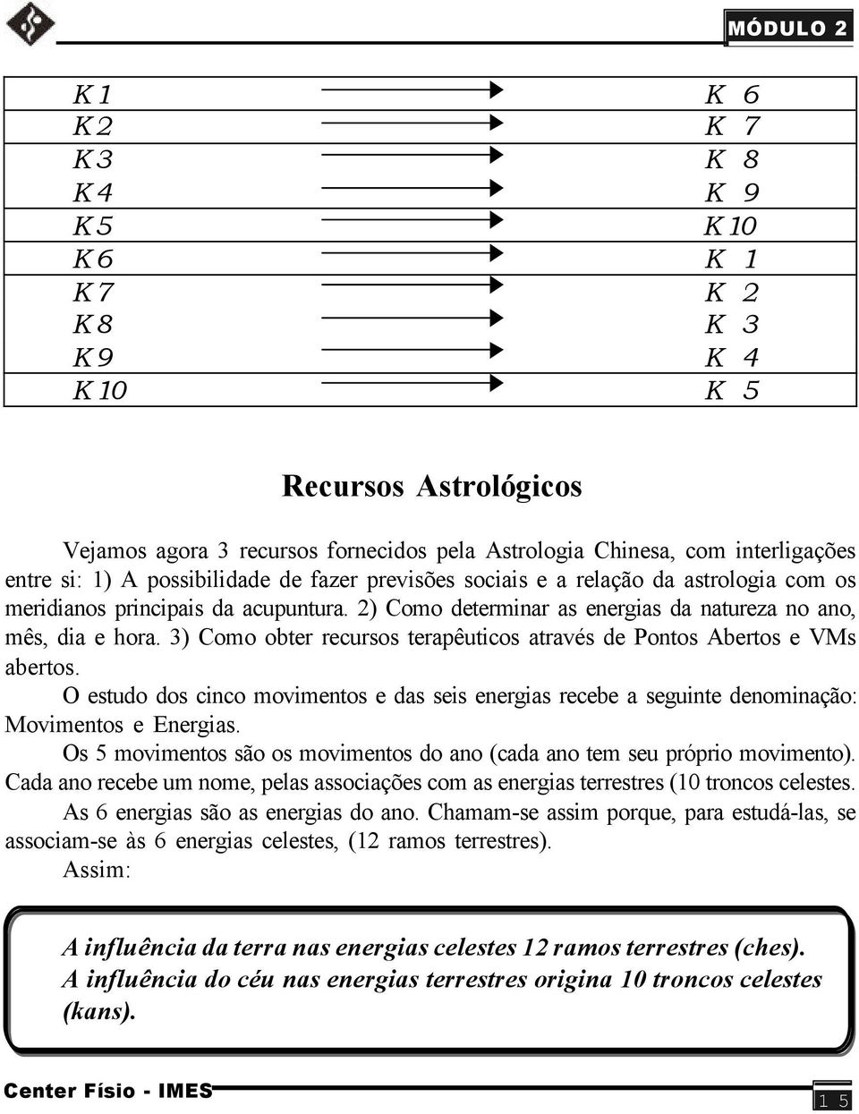 3) Como obter recursos terapêuticos através de Pontos Abertos e VMs abertos. O estudo dos cinco movimentos e das seis energias recebe a seguinte denominação: Movimentos e Energias.