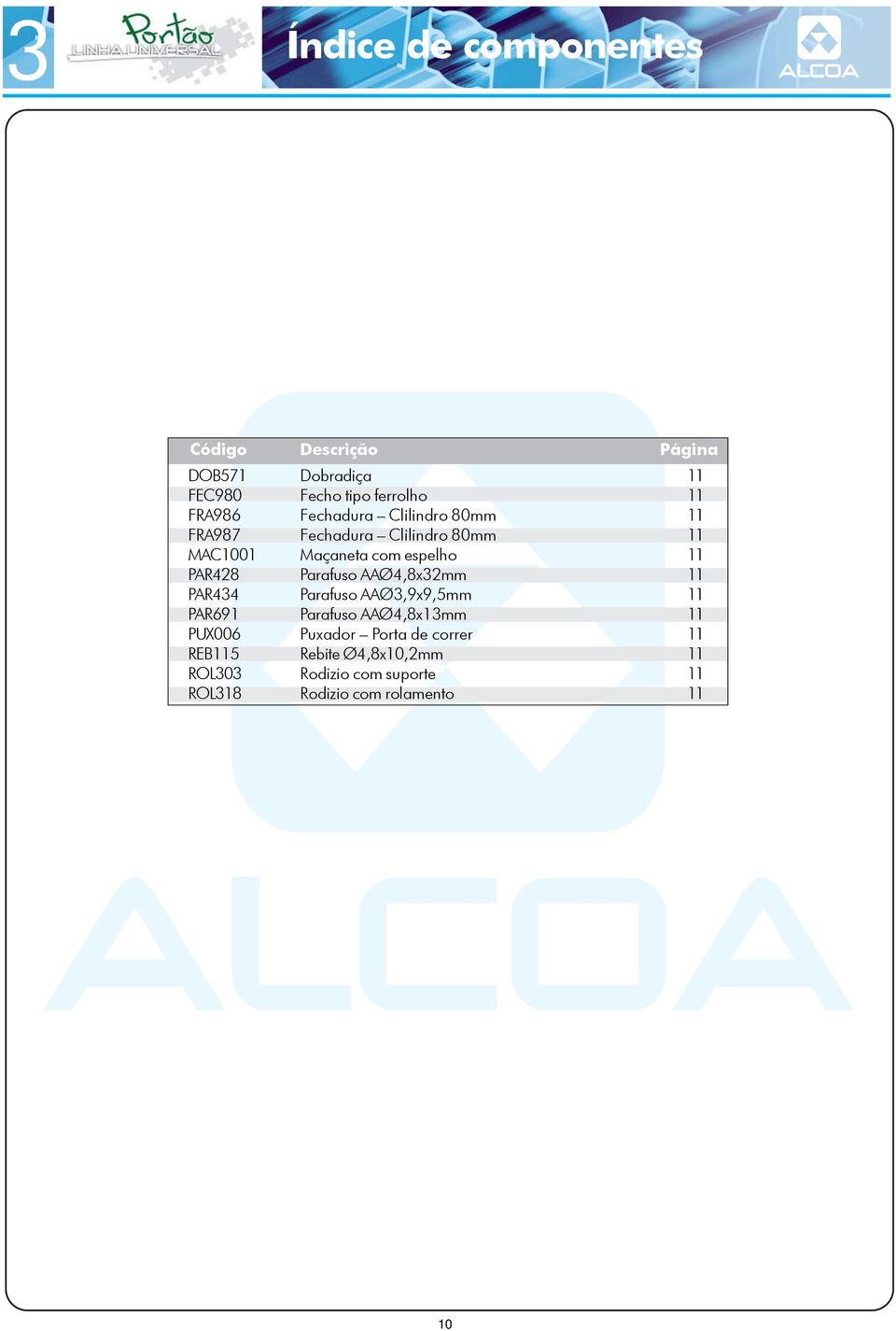 Parafuso AAØ4,8x32mm 11 PAR434 Parafuso AAØ3,9x9,5mm 11 PAR691 Parafuso AAØ4,8x13mm 11 PUX006 Puxador