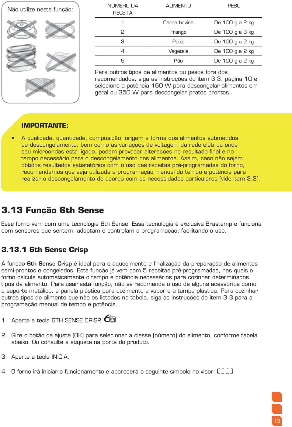 IMPORTANTE: A qualidade, quantidade, composição, origem e forma dos alimentos submetidos ao descongelamento, bem como as variações de voltagem da rede elétrica onde seu microondas está ligado, podem