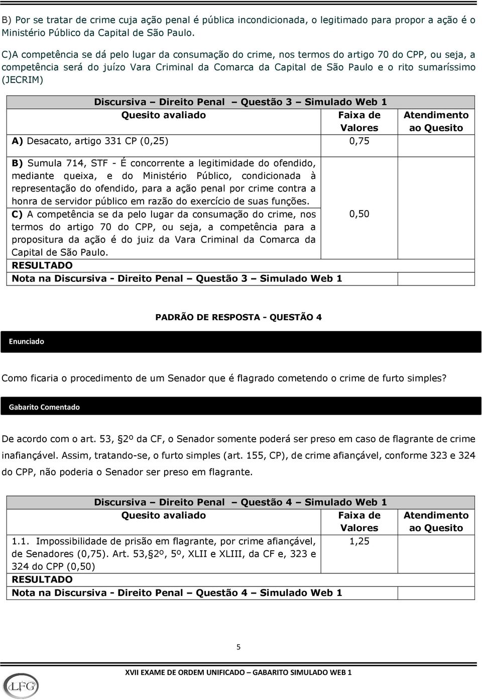 (JECRIM) Discursiva Direito Penal Questão 3 Simulado Web 1 A) Desacato, artigo 331 CP (0,25) 0,75 B) Sumula 714, STF - É concorrente a legitimidade do ofendido, mediante queixa, e do Ministério