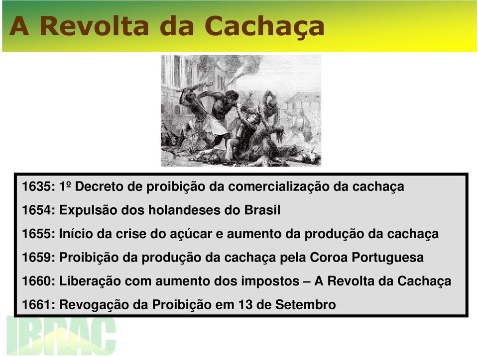 da cachaça 1659: Proibição da produção da cachaça pela Coroa Portuguesa 1660: Liberação