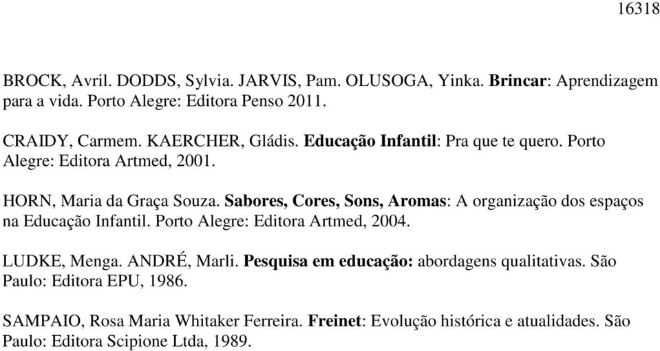 Sabores, Cores, Sons, Aromas: A organização dos espaços na Educação Infantil. Porto Alegre: Editora Artmed, 2004. LUDKE, Menga. ANDRÉ, Marli.