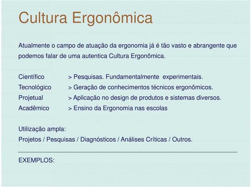 Fundamentalmente experimentais. > Geração de conhecimentos técnicos ergonômicos.