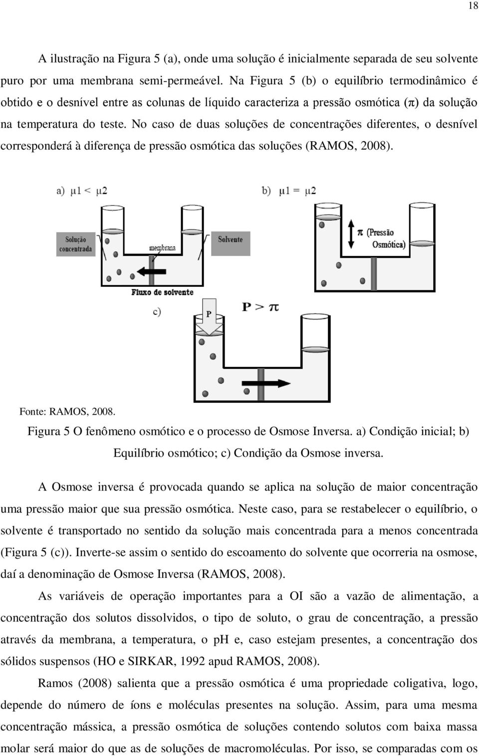 No caso de duas soluções de concentrações diferentes, o desnível corresponderá à diferença de pressão osmótica das soluções (RAMOS, 2008). Fonte: RAMOS, 2008.