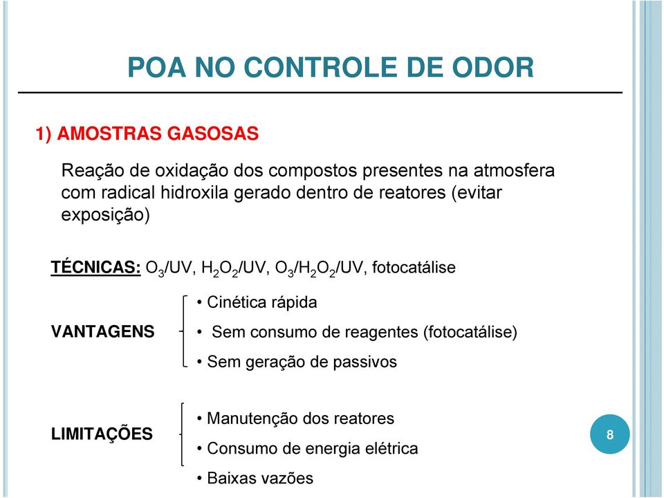 O 3 /H 2 O 2 /UV, fotocatálise Cinética rápida VANTAGENS Sem consumo de reagentes (fotocatálise)