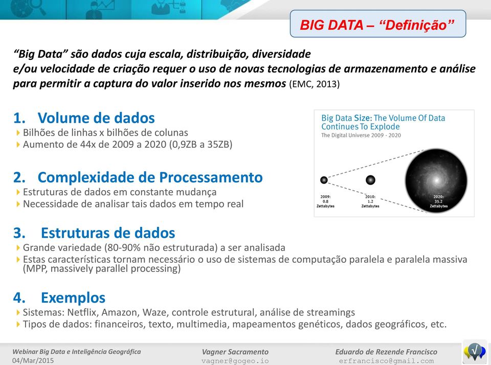 Complexidade de Processamento Estruturas de dados em constante mudança Necessidade de analisar tais dados em tempo real BIG DATA Definição 3.