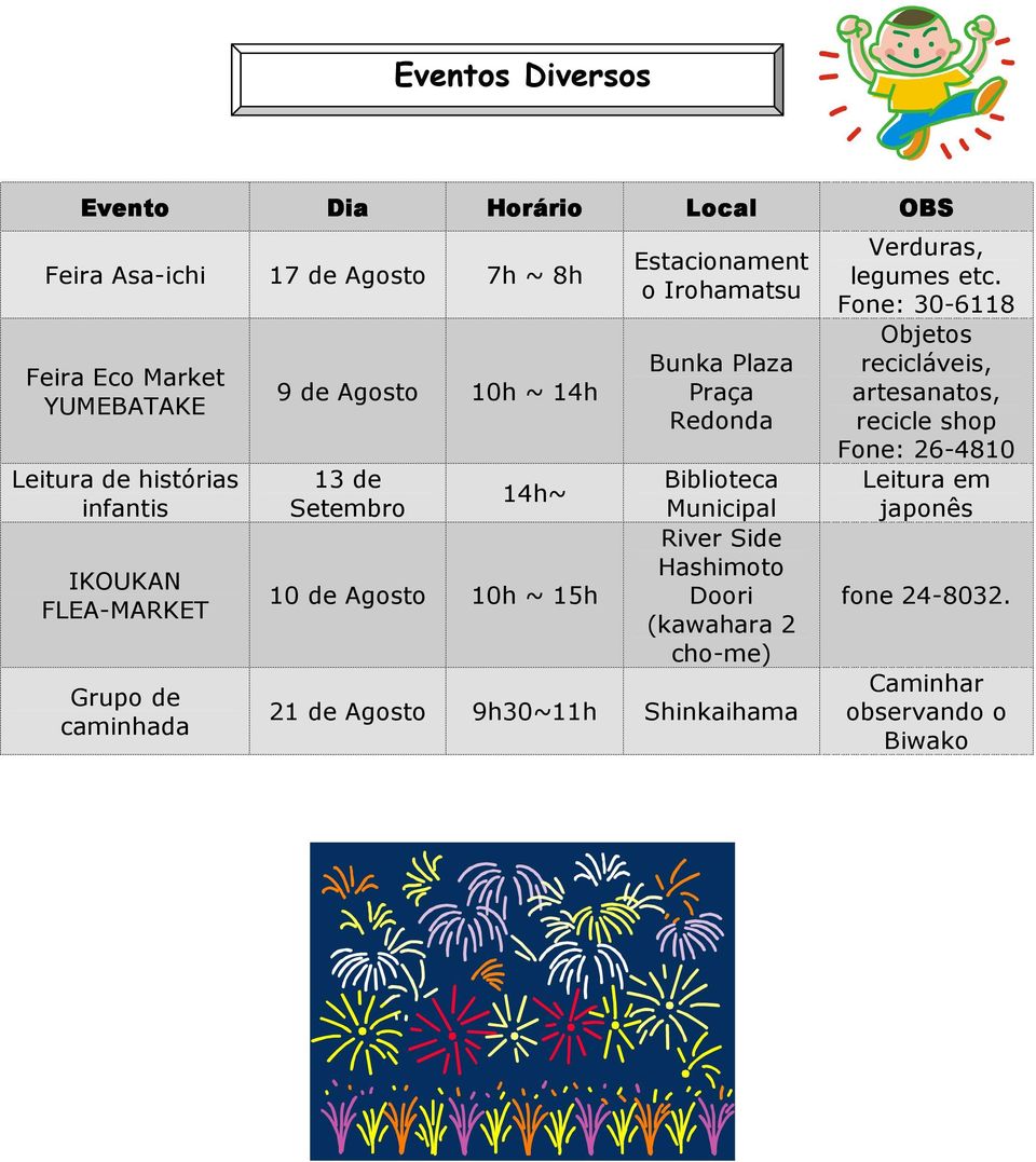 Plaza Praça Redonda Biblioteca Municipal River Side Hashimoto Doori (kawahara 2 cho-me) 21 de Agosto 9h30~11h Shinkaihama OBS Verduras,