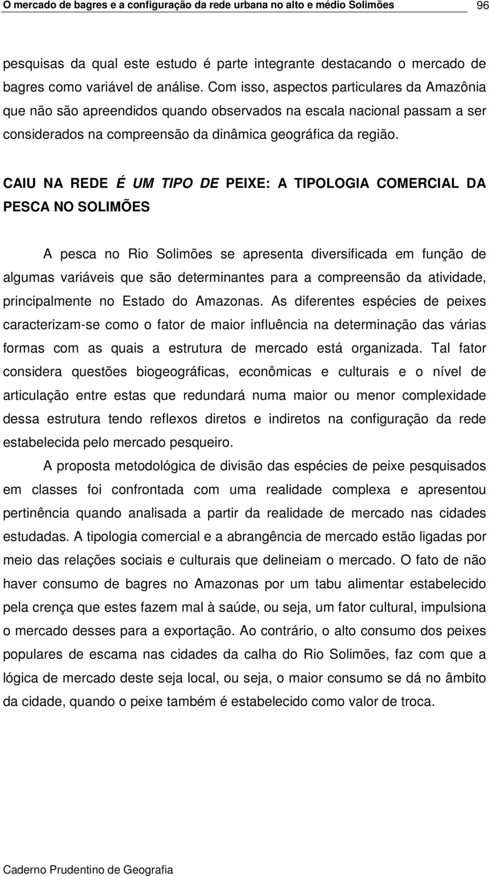 CAIU NA REDE É UM TIPO DE PEIXE: A TIPOLOGIA COMERCIAL DA PESCA NO SOLIMÕES A pesca no Rio Solimões se apresenta diversificada em função de algumas variáveis que são determinantes para a compreensão