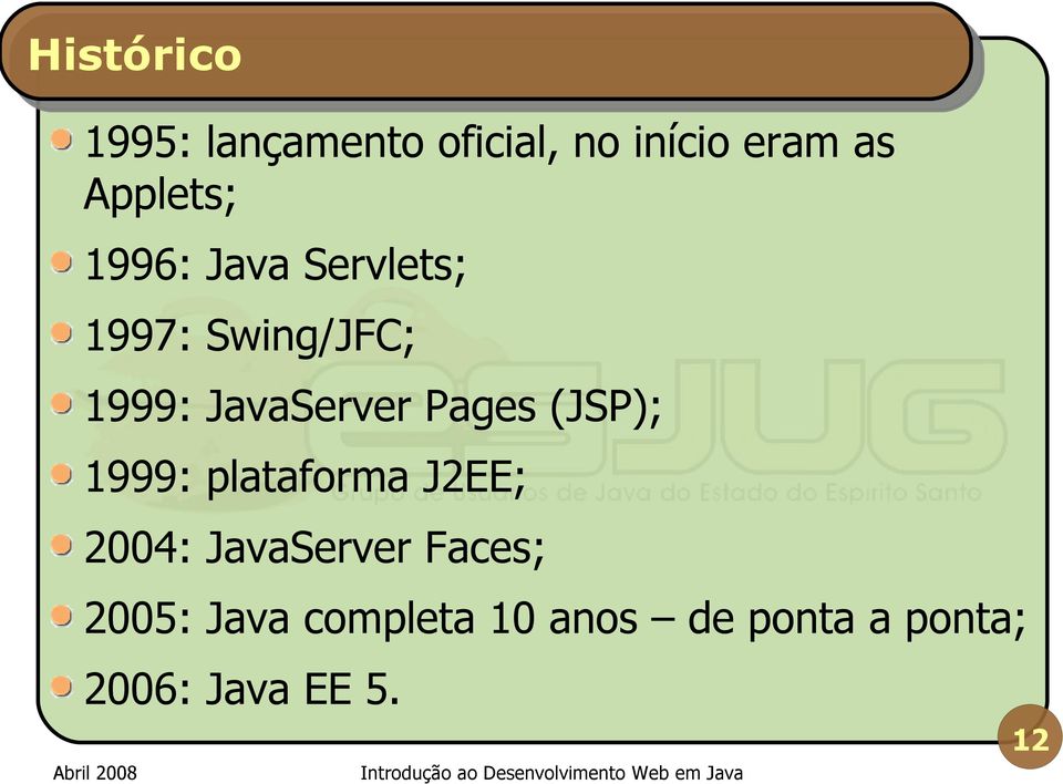 JavaServer Pages (JSP); 1999: plataforma J2EE; 2004: